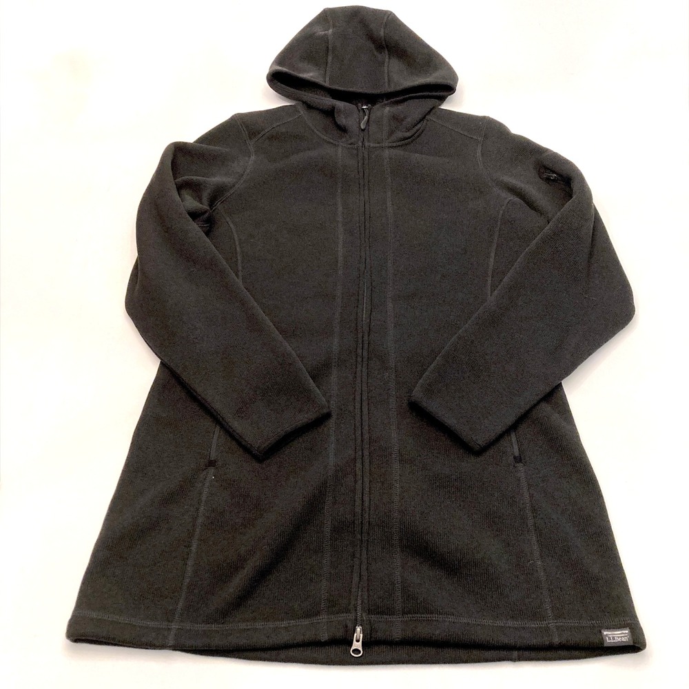 L.L.Bean Sweater Fleece Jacket Womens Large Black Hooded Full Zip Longline NWT